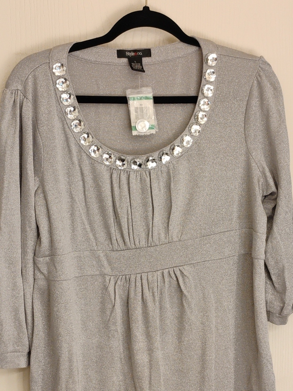 Style & Co. Silver Jeweled Scoop-Neck Long Sleeve Top